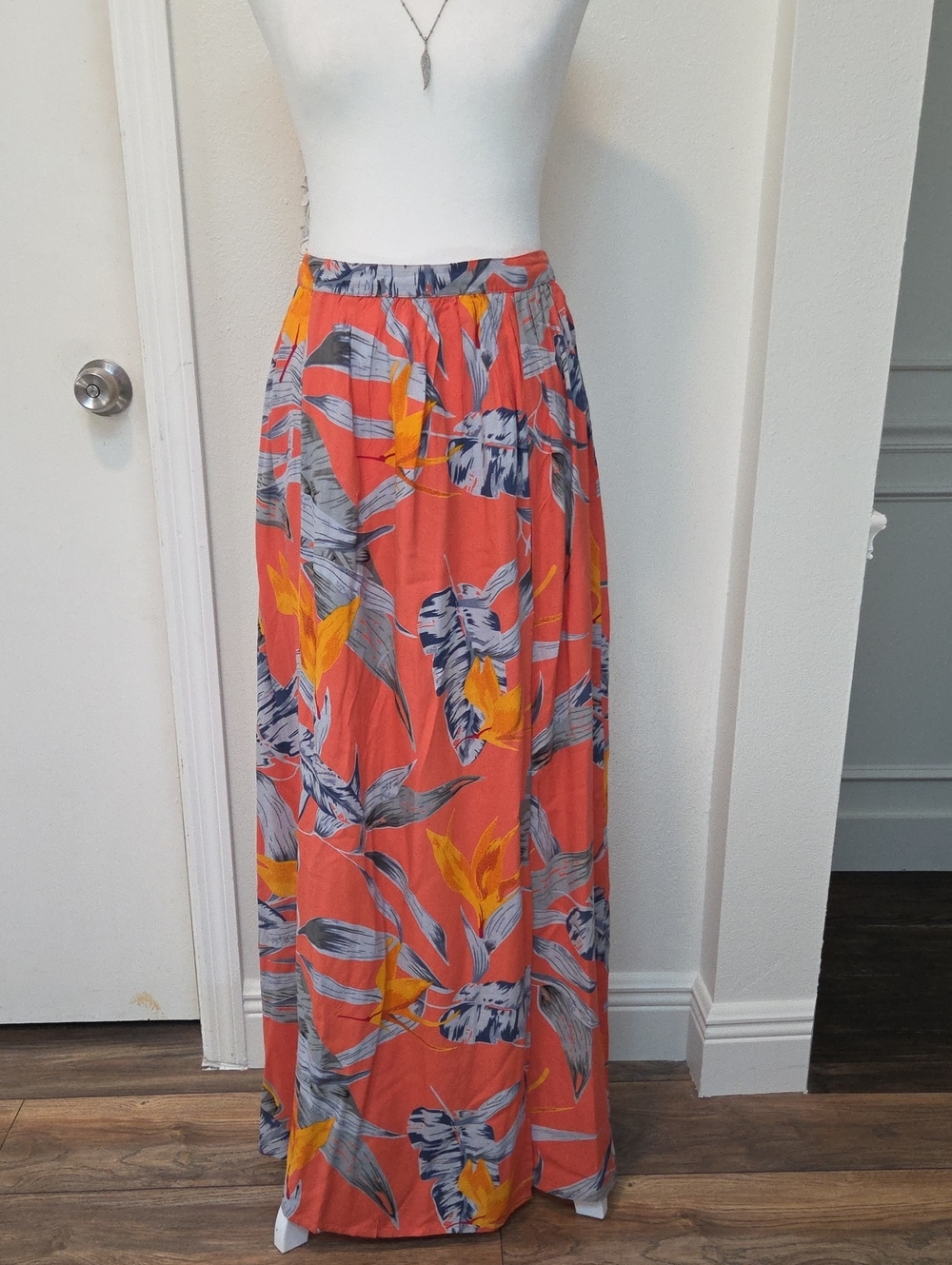 Patrons of Peace Coral Floral Maxi Skirt with Yellow & Gray Leaves